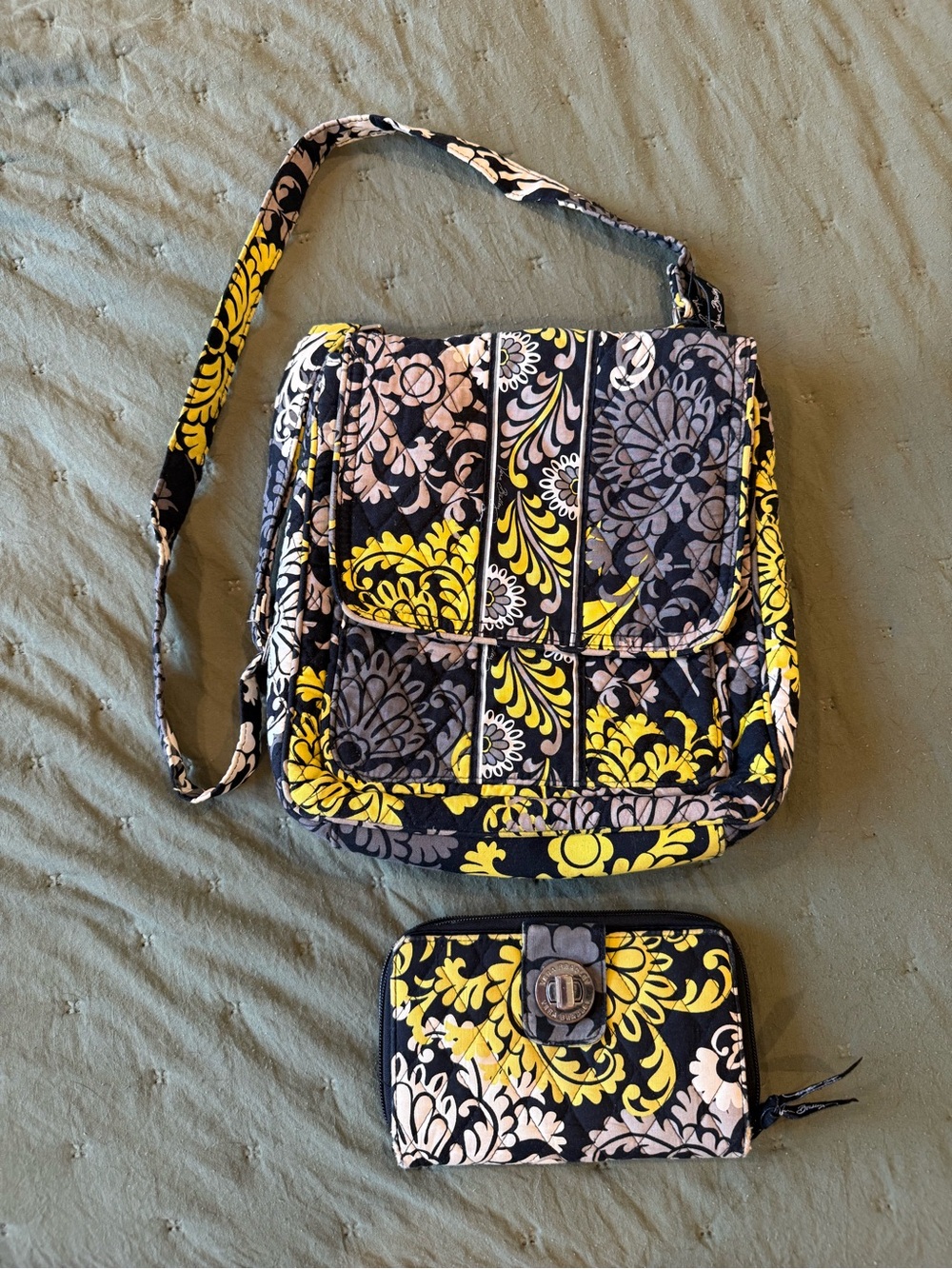 Vera Bradley Quilted Floral Crossbody Bag and Wallet Set - Yellow & Black